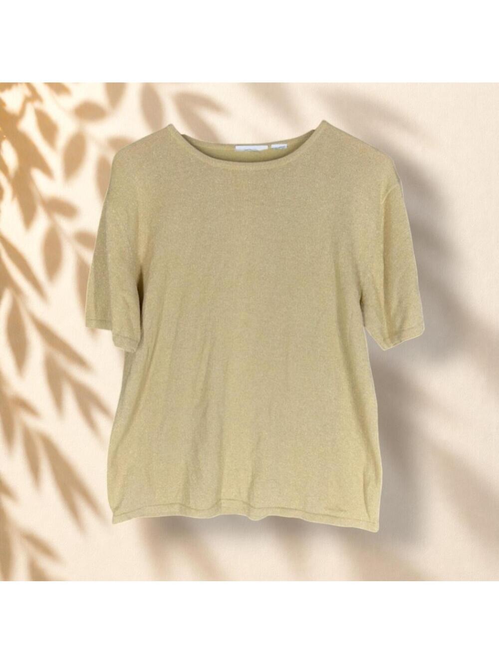Unbranded Knit Top Women M Medium Beige Metallic Short Sleeve Casual Pullover